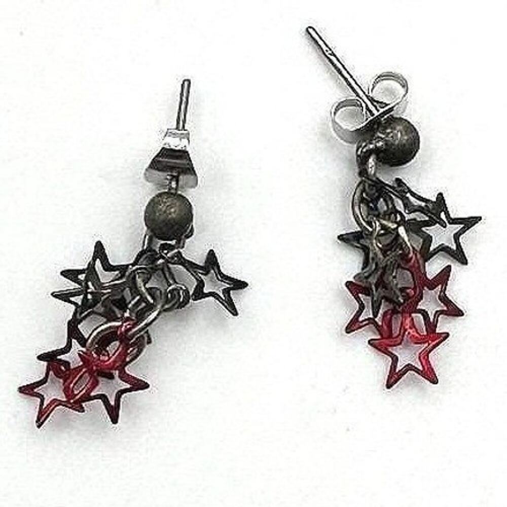 Vintage 90s Punk Silver & Red Hollow Star Cluster Dangle Stud Earrings Jewelry